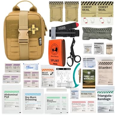 RHINO RESCUE IFAK Trauma Kit with C-A-T Tourniquet, Tactical First Aid Kit Molle Pouch for Military, Combat, Car, Camping, Hiking, Travel (Coyote Brown)
