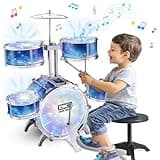 Kids Drum Set for Toddlers, Upgraded Kids Jazz Drum Set with 5 High Drums & Lights, Vibrating-Controlled, 5 Drum with Stool Mini Band Rock Set, Drum Kit Toy for Beginner Aged 1-3 3-5
