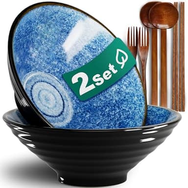 8-Inch 2 Sets Ceramic Ramen Bowl (8 Piece) - Japanese Porcelain Dishwasher Microwave Safe Salad Noodles Cereal Pasta Soup Large Bowls with Chopsticks Forks Spoons for Men Women Housewarming Gift