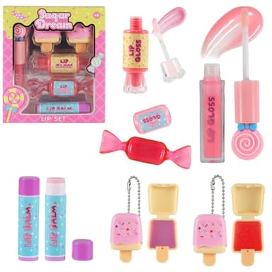 M&U MAKE YOU UP MU 6pc Candy Sweet Lip Gloss Set for Kids - 1 Straight Stick, 2 Ice Cream and 2 Candy Balms, Non-Toxic Girls Birthday Gift, Fun Theme Party Favors