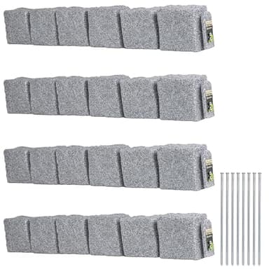 Beuta Landscape Edging | Garden Edging Border | Faux Stone Blocks for Lawn Edging, Flower Beds & Yard Edging – 4 Pack | Each Section Has 6 Blocks 48" L x 4" W x 6.5" H | 8 Spikes | Greystone