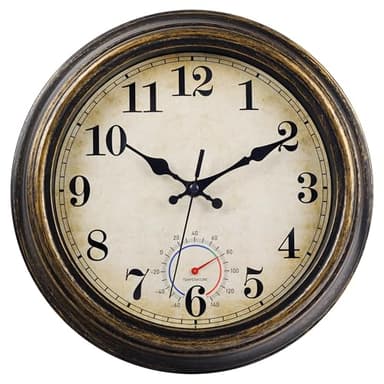 Horizent Outdoor Clocks Waterproof with Thermometer Vintage Wall Clock Decor for Bathroom Patio Pool Garden(12 Inch)