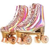 JajaHoho Roller Skates for Women, Holographic High Top PU Leather Rollerskates, Shiny Double-Row Four Pink Glitter Wheels Quad Skates for Girls and Age 8-50 Indoor Outdoor (Size 6, Rose Gold)