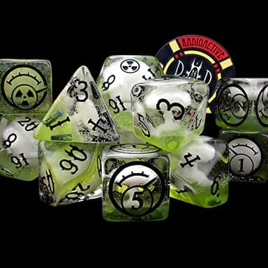 DND DICE | Nuclear Fallout Exclusive 11 Dice Set with Collectors Poker Chip | Glow in The Dark Wasteland Nuclear Meltdown Themed Polyhedral Dice Set