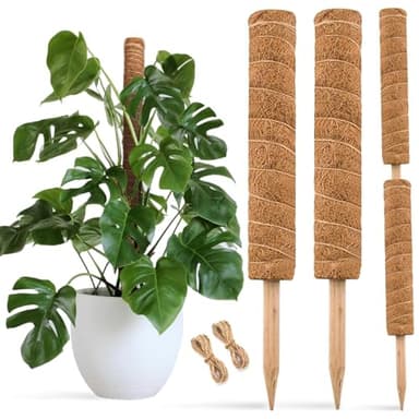 JOYSEUS 30 Inch Moss Pole for Climbing Plants - 2 Pack 15 Inch Coir Totem Pole Plant Support with 65 Feet Garden Twist Tie for Monstera and Potted Plants to Grow Upwards…