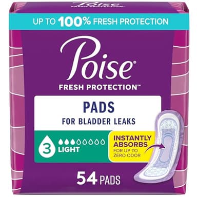 Poise Incontinence & Postpartum Pads for Bladder Leaks, 3 Drop Light Absorbency, Regular Length, 54 Count, Packaging May Vary