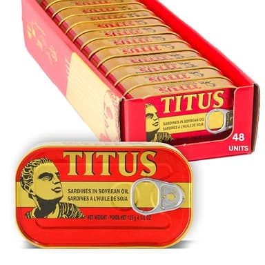 Titus Canned Sardines in Soybean Oil – Pack of 48 | Premium Quality Sardines, Rich in Omega-3 & Protein | Long Shelf Life, Ready to Eat