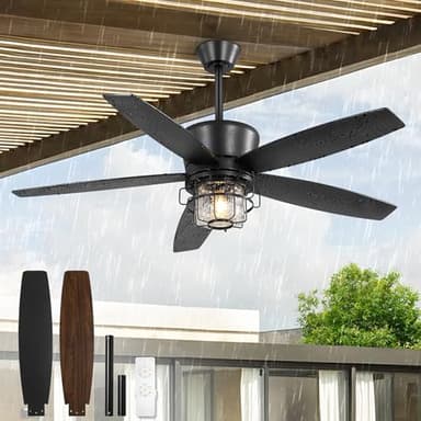 Fanbulous 52" Outdoor Ceiling Fans with Lights and Remote Control,IP65 Wet Rated Waterproof Ceiling Fan with 6-Speed DC Motor, Farmhouse Gazebo Fan for Porch Patios Pavilion（Black）
