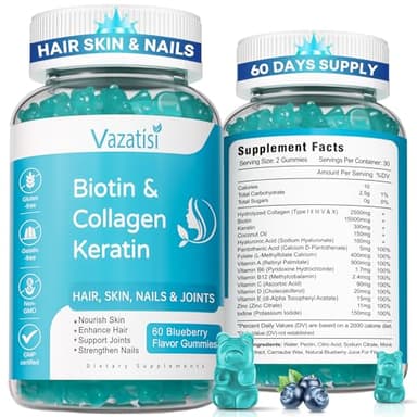 Vazatisi 2 Pack Biotin Gummies with Collagen & Keratin for Hair Skin Nails- Women Men, Kids - 120 Blueberry Flavored Gummies