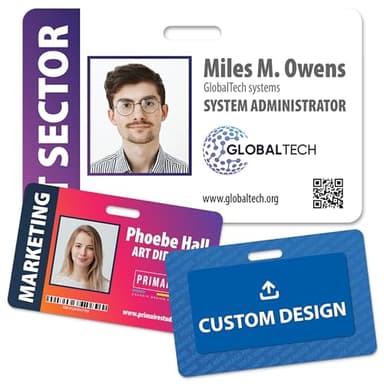 Custom Print Employee ID Badge with Vertical Side Text, Double Sided Print with Name, Photo, Logo, and Barcode – Unique Photo ID Card Solution (ID Horizontal)