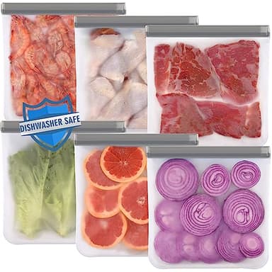 Lerine 6 Pack Reusable Gallon Freezer Bags Dishwasher Safe, BPA Free Reusable 1 Gallon Bags, Leakproof Food Storage Bags for Marinate Meats, Cereal, Vegetables, Home Organization(Gray, 6Gallon)