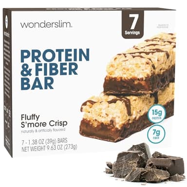 Wonderslim High Fiber Protein Bars, Fluffy S'more Crisp | 15g Protein, 8g Fiber | Low Sugar, Low Carb | Healthy Indulgence | Satisfying, Supports Energy & On-the-Go Convenience, 7 Pack