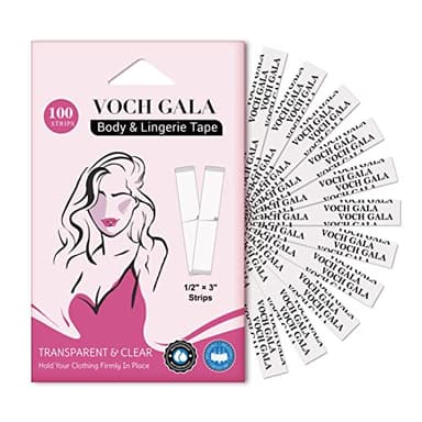 VOCH GALA Double Sided Tape for Clothes & Body (100 Strips) – Clear Fashion Garment Tape for Dresses | Medical‑Grade Adhesive, Hypoallergenic Body Tape for Sensitive Skin | All Day Hold