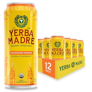 Yerba Madre Organic Yerba Mate, Awakening Orange, 150mg Natural Caffeine, Energy Drink Alternative, No Jitters or Crash, 15.5 Oz Cans (Pack of 12)
