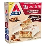 Atkins Vanilla Caramel Pretzel Protein Meal Bar, High Fiber, 2g Sugar, 4g Net Carbs, Meal Replacement, Keto Friendly, 5 Count