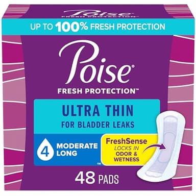 Poise Ultra Thin Incontinence Pads & Postpartum Pads for Bladder Leaks, 4 Drop Moderate Absorbency, Long Length, 48 Count, Packaging May Vary