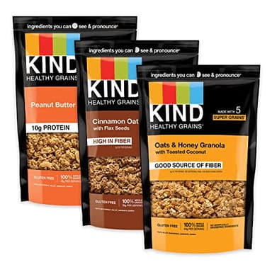 KIND Healthy Grains Granola, Variety Pack, Peanut Butter, Cinnamon Oat, Oats & Honey, Healthy Snacks, Gluten Free, 100% Whole Grains, 5-10g Protein, 11oz, 3 Count