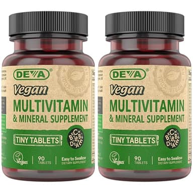 DEVA Tiny Tablets Vegan Multivitamin for Women & Men 2-Pack with Iron, Vitamin C, E, B Complex Vitamins, Zinc, 90 Tablets Each