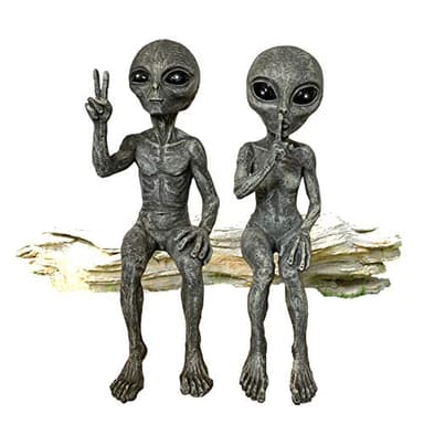 Ancient Mysteries Outer Space Alien Grays Peace Dude & Quite Babe UFO Extraterrestrial 10" H Shelf Sitters Martians Garden Statue Figurine Set