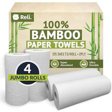 Reli. Bamboo Paper Towels (4 Pack, Jumbo) | Paper Towels Rolls 2 Ply | 125 Sheets/Roll, Full Size Sheets | Unbleached, Organic Rolls for Kitchen, Bathroom | 100% Bamboo
