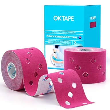 OK TAPE Perforated Kinesiology Tape for Sensitive Skin, More Breathable, Elastic Athletic Tape for Pain Relief & Muscle Support, Uncut 2 Rolls - 2in x 16.4ft (Pink)