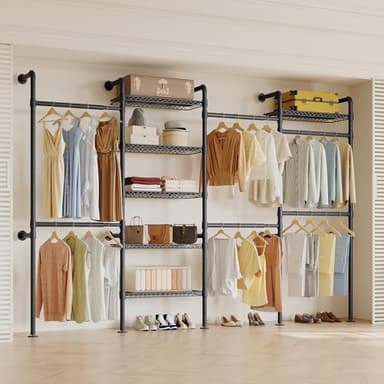 Higeego W4 Industrial Pipe Clothing Rack Wall Mounted Closet System Expandable Clothes Rack for Hanging Clothes, Heavy Duty Garment Rack Adjustable for Walk in Closet, Black