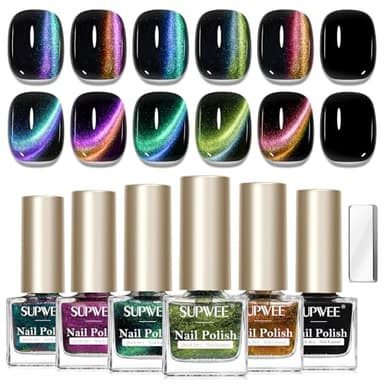 SUPWEE 9D Magnetic Nail Polish Set, Cat Eye Nail Polish Non Gel with Magnet, Multi-Color Holographic Glitter Cateye Nail Lacquer Quick Dry High Glossy DIY Salon Gift for Women Girl