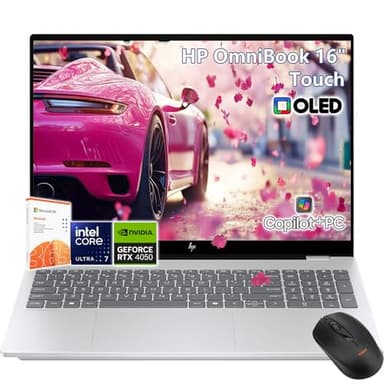 HP OmniBook 7 16" OLED Touchscreen Laptop, 2K 120Hz, Intel Evo Ultra 7 255H, RTX 4050, 32GB RAM| 1TB SSD -Copilot AI PC, Backlit Keyboard, Windows11 Pro Office 365, Business College