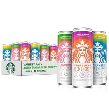 Starbucks Iced Energy Drink, 3 Flavor Variety Pack (Tropical Peach, Watermelon Splash, Blueberry Lemonade), Zero Sugar Energy Drink, Plant Based Caffeine, Hydration, Mental Clarity, 12x12 Fl Oz Cans