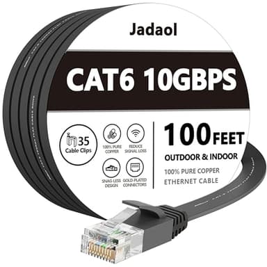 Jadaol Cat 6 Ethernet Cable 100ft, 10Gbps Support Cat8 Cat7 Network, Flat RJ45 LAN Patch Cable, High-Speed Wired Internet Cable for Router, Modem, Switch, Gaming Consoles, PC, Streaming Devices, Black