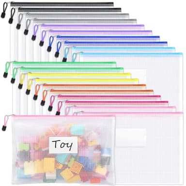 Sooez 20 Pack Mesh Zipper Pouch Bags, A4 Letter Size, Zipper Bags with Label Pocket, Waterproof Pouches for Classroom Organizer, Board Game Toy Storage, Document Bag for Teacher School Office Supplies