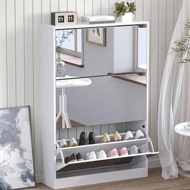 BORNOON Shoe Cabinet with 3-Flip Mirror Drawers, Freestanding Shoe Rack Organizer with Hidden Handle, Slim Narrow Shoe Storage Cabinet for Entryway, Entrance, Hallway, Bedroom