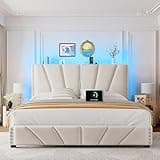 EnHomee King Size Bed Frame with Velvet Headboard and LED Lights， Storage Headboard Platform Bed with Charging Station, Sturdy Wooden Slats Support,Noise-Free,Easy Assembly, Beige