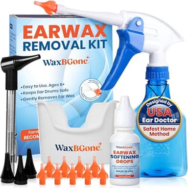 WaxBGone® Ear Wax Removal Kit with SoftSpray® Irrigation Tips, 4X High Output Sprayer & Ear Wash Basin - Safe, Fast, Gentle Home Ear Cleaning System for Adults & Kids - Kit with Otoscope + Ear Drops