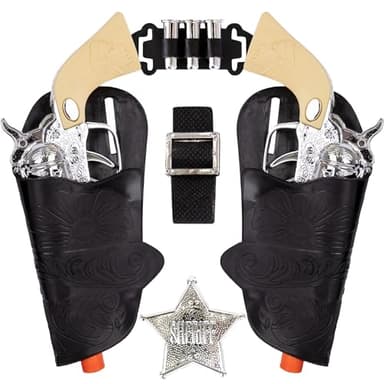 ArtCreativity Cowboy Toy Gun Holster and Belt 9 Piece Set for Kids. 2 Toy Pistols, 1 Sheriff Badge, 2 Gun Holsters, and 3 Play Bullets, 1 Adjustable Belt, Old Western Action Belt for Sheriff