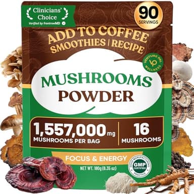 Venture Pal 16 in 1 Mushroom Powder (90 Servings) - 1,557,000mg Mushroom Coffee Alternative with Ashwagandha, Lion’s Mane, Chaga & More | 100% Fruiting Bodies | 10:1 Extract for Immune,Focus & Energy