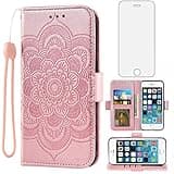 Compatible with iPhone 5S 5 SE 2016 5SE Wallet Case and Tempered Glass Screen Protector Flip Cover Card Holder Cell Phone Cases for iPhone5 iPhone5s iPhoneSE iPhone6se i 6SE iPhone5se Women Rose Gold