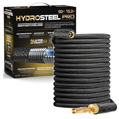HYDROSTEEL PRO 50 Ft Metal Garden Hose with Nozzle, Indestructible 3-Layer Stainless Steel Heavy Duty Water Hose 50Ft x 5/8 in. Kink Free Design Will Not Kink, Flexible, NON Expandable, 500 PSI