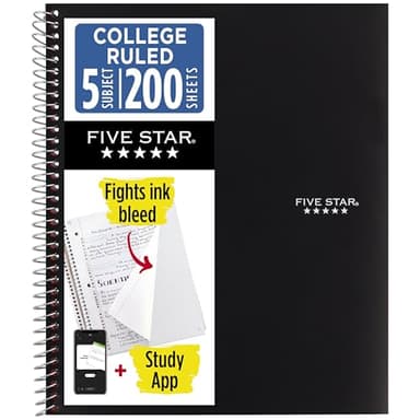 Five Star Spiral Notebook + Study App, 5 Subject, College Ruled Paper, 8-1/2" x 11", 200 Sheets, Fights Ink Bleed, Water Resistant Cover, Black (72081)