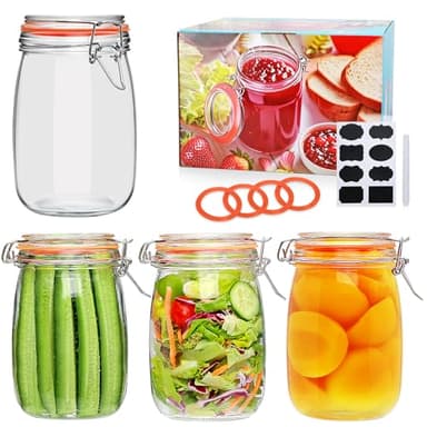 Encheng 32 oz Wide Mouth Mason Jars with Airtight Hinged Lids, Large Glass Jar with Lid for Pickling, Fermentation, Canning, Food Storage – Set of 4 Glass Storage Containers