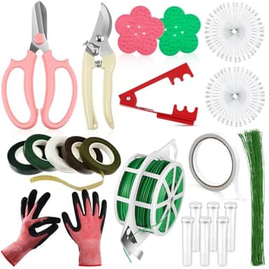 WILLBOND 121 Pcs Floral Arrangement Tool Kit, Valentine Rose Thorn Remover Pruner Trimmer Gloves 22/26 Gauge Paddle Tie Stem Pearl Corsage Pin Pruning Shears, Florist Tool Gift for Women(Bright Color)