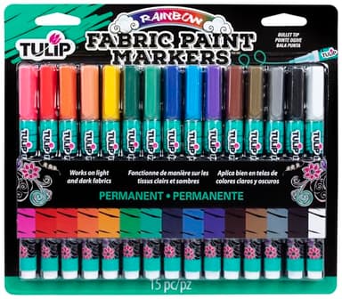 TULIP-33701 Fabric Paint Markers Rainbow 15 Pack, for Permanent Color on Fabric, Wood, Rocks