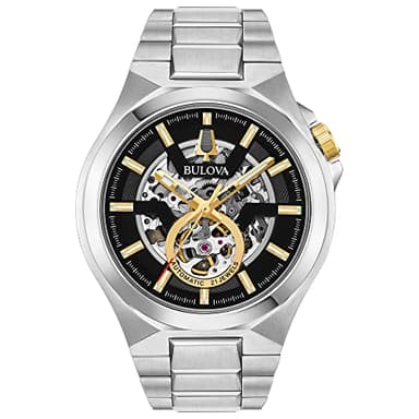 Bulova Men's Classic Maquina Stainless Steel 3-Hand Automatic Watch, Skeleton Dial with Gold Tone Accents Style: 98A224