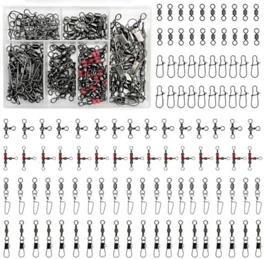FINOSEAK 110Pcs Strong Fishing Snap Swivels Kit, Include Rolling Barrel Swivels, Premium 3 Ways Fish Line Connector with Snaps Clips, Fishing Terminal Accessories Tackle Box for Lures Sinkers