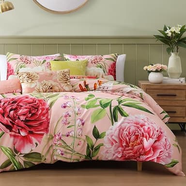Bebejan Spring Forever 5 Piece Comforter Set, 100% Cotton Sateen, 220 Thread Count, Pink & Green, Reversible Bedding Comforter Set, 1 Comforter, 2 Shams & 2 Pillows (King/Cal King)