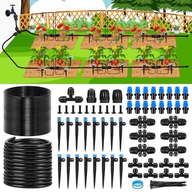 Kafuzi 230FT New Quick-Connect Drip Irrigation System Kit, Automatic Garden Watering Misting System for Greenhouse, Yard, Lawn, Plant with 1/2 inch Hose 1/4 inch Distribution Tubing and Accessories