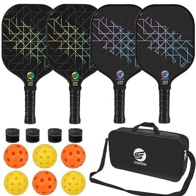 SS OXIKEN Pickleball Paddles Set of 4, USAPA Approved Carbon Fiber Pickle Ball Paddle (CHS), Polypropylene Honeycomb Core, Anti Slip Sweat Absorbing Grip, 4 Replacement Soft Grip, 6 Pickleball, Bag