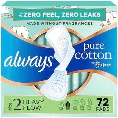 Always Pure Cotton Feminine Pads for Women, FlexFoam Pads with Wings, Size 2, Heavy Absorbency, Unscented, 72 Count (3 Packs of 24)