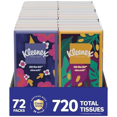 Kleenex On-The-Go Facial Tissues, 72 On-The-Go Packs (3 Trays of 24 Packs), 10 Tissues per Box (720 Total), 3-Ply, Packaging May Vary