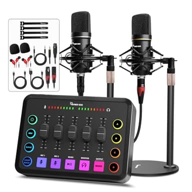 Podcast Equipment Bundle for 2, RGB Audio Interface with XLR Condenser Microphone, and 3.5mm Mic, Mute,48V Phantom Power for Streaming,Gaming,Recording-Black (H1)